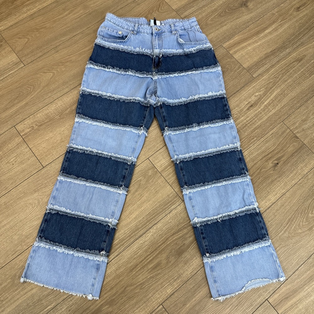 Ragged Priest blue Jean Patchwork Womens Straight Leg Frayed Jeans Size 32 EUC